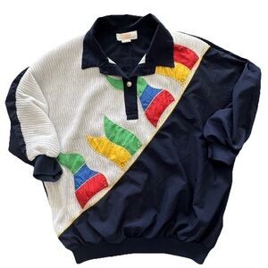 Vintage 90s Coral Bay Colorblock Nautical Pullover Top Women M Navy Oversized